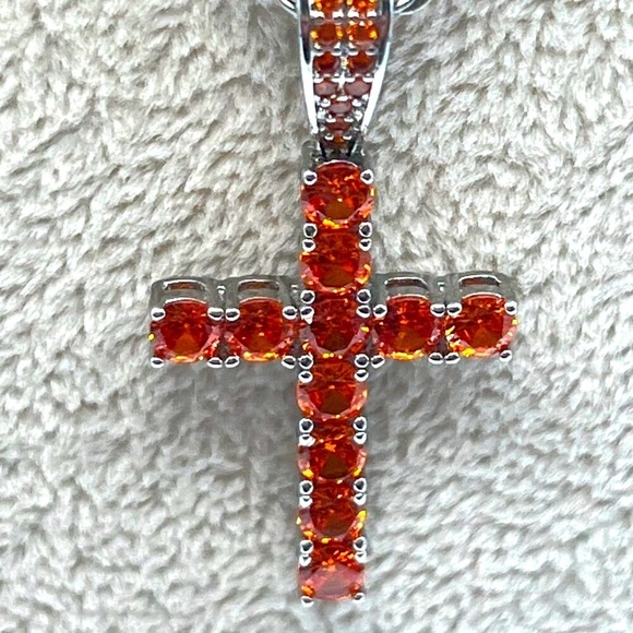 Stainless Steel Chain Necklace With Orange Rhinestone Cross Pendant.   A83 - Picture 4 of 9
